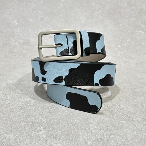 Oribell 호피 카우 프린티드 크롬 스퀘어 버클 웨스턴 벨트 화이트