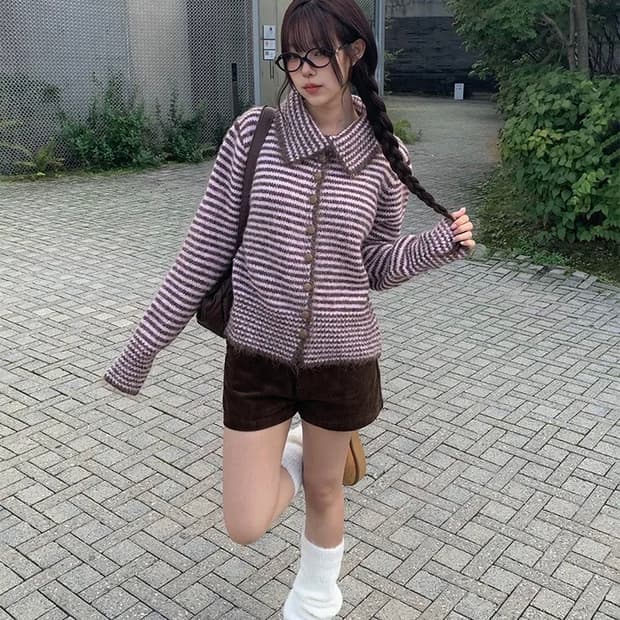 카라 스트라이프 니트 가디건