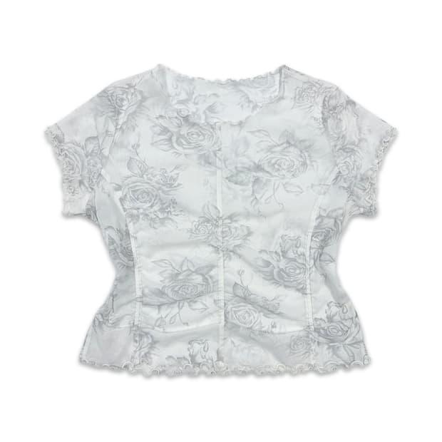 빈티지 화이트 로즈 시스루 셔링 레이어드티