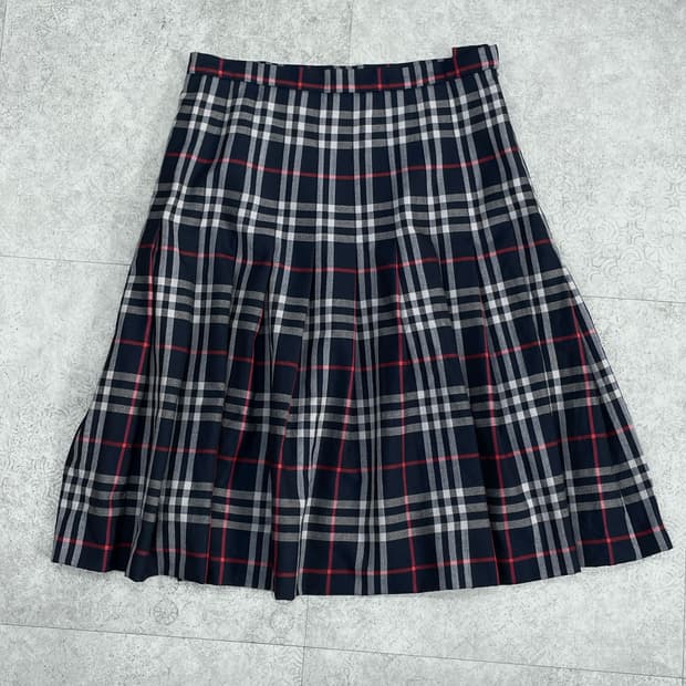 버버리 90s 노바체크 플리츠 울 스커트 네이비