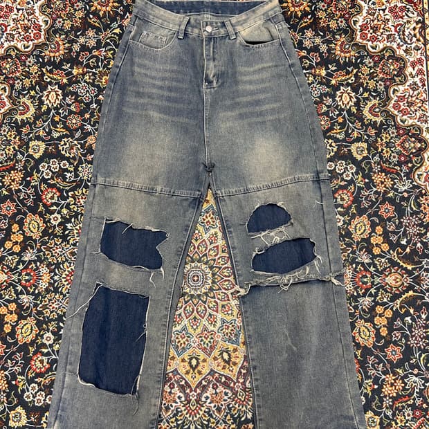 빈티지 데미지 스타일 데님 팬츠