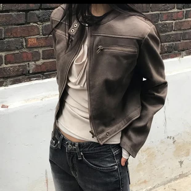 크롭 레더 라이더 자켓 브라운 노카라