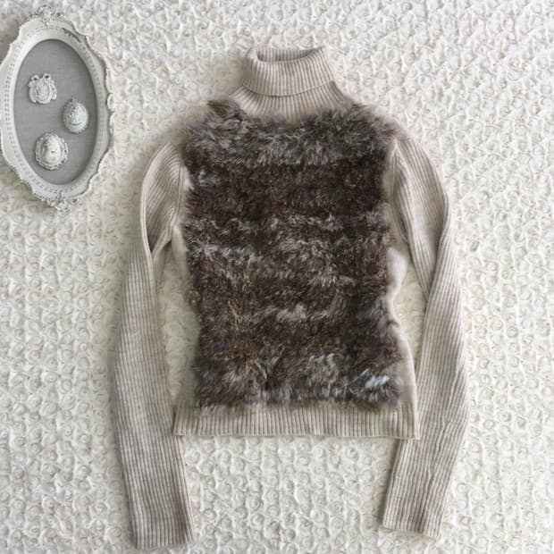 일본빈티지 베이지 래빗퍼 풀오버니트