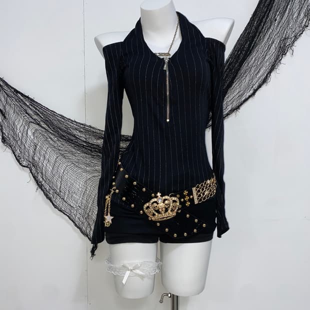 ꒰ঌ LA*BUS 오네갸루 실버 스트라이프 오프숄더 롱슬리브 ໒꒱