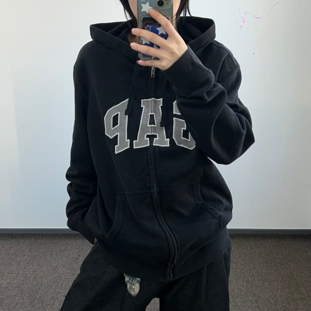 Gap 갭 그레이 로고 블랙후드집업