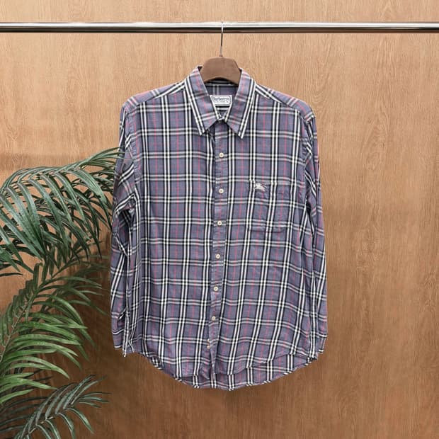 버버리 런던 코튼 긴팔 셔츠 로고 자수 타탄 체크 디테일 라이트 퍼플