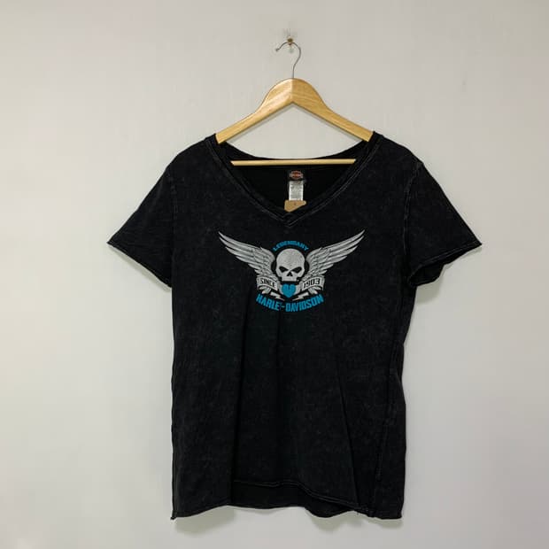 할리데이비슨 빈티지 반팔 티셔츠 스컬 프린팅 워싱 차콜 브이넥 L