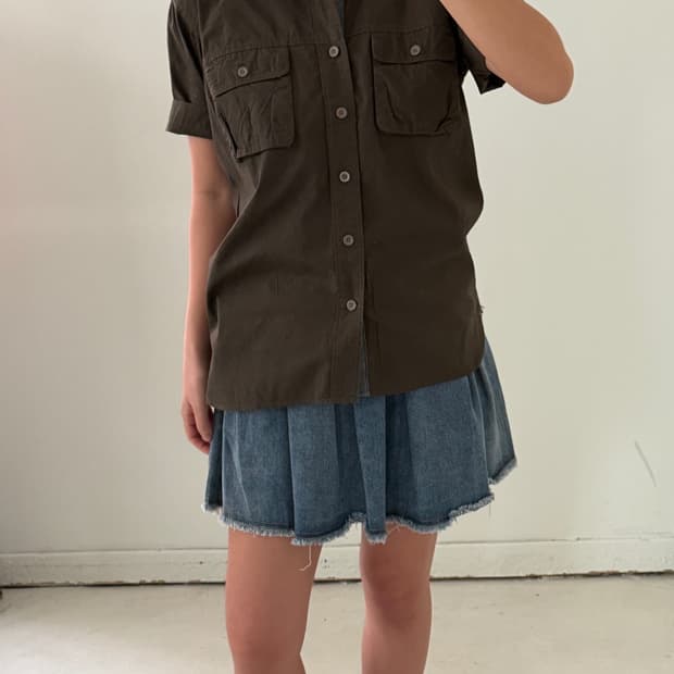 일본빈티지 카키 유틸리티 반팔셔츠