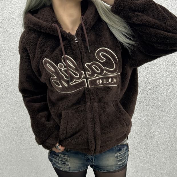 후아유 센터로고 브라운 후리스 후드집업 S