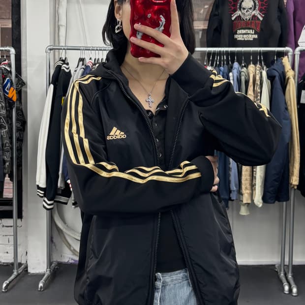 아디다스 블랙 골드 나일론 후드 집업