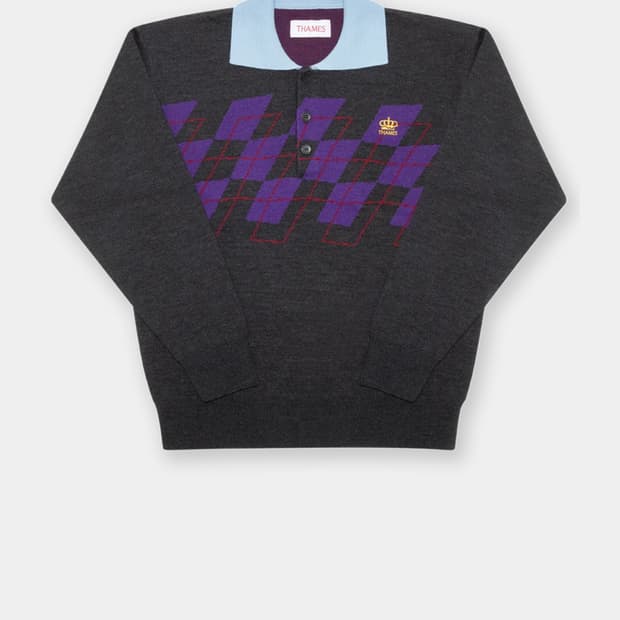 THAMES 아가일 다이아몬드 패턴 니트 폴로 셔츠 L