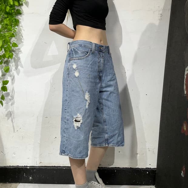 일본 빈티지 연청 데님 반바지 데미지 버뮤다 팬츠