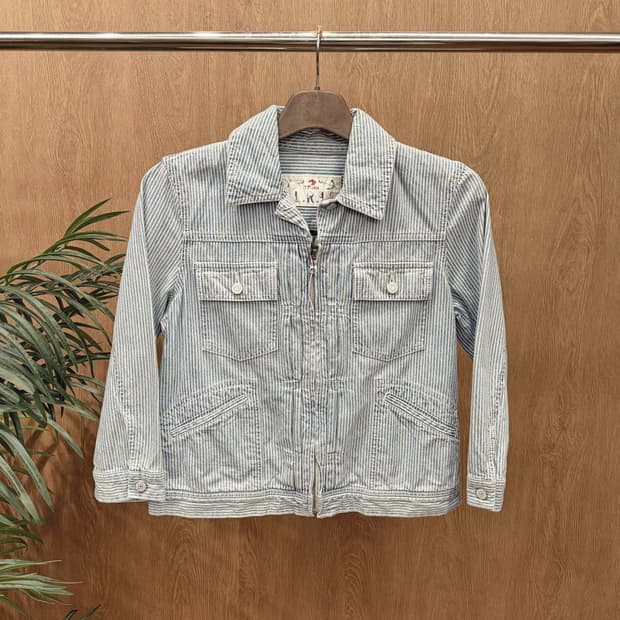 랄프 로렌 코튼 히코리 스트라이프 집업 자켓 워크 포켓 디테일 블루