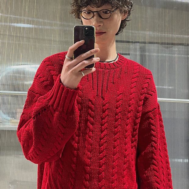 엘무드 베이글 피셔맨 케이블 니트 레드 48