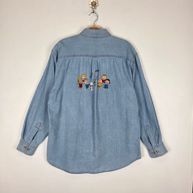 90's 올드 피넛츠 스누피 자수 데님셔츠