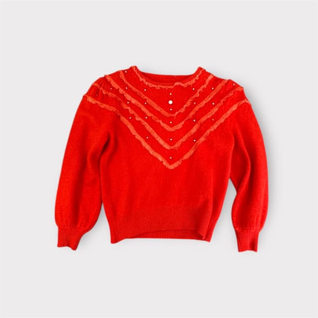 오렌지  프릴디테일 퍼프소매 니트