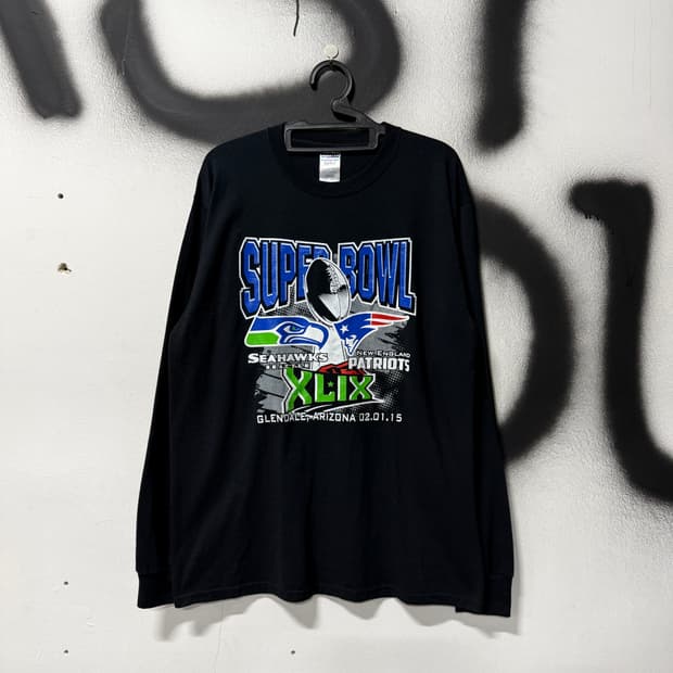 Jerzees 슈퍼볼 씨호크 페트리어트 빅 프린팅 롱슬리브 티셔츠