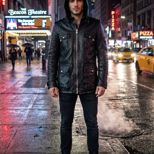 후드 디테일 블랙 레더 필드 자켓(천연양가죽 95사이즈)