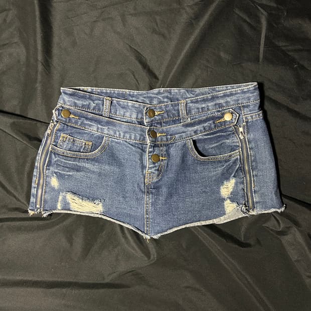 doubleline-zip damaged denim skirt