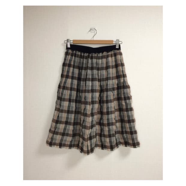 빈티지 브라운 체크 밴딩 미디스커트