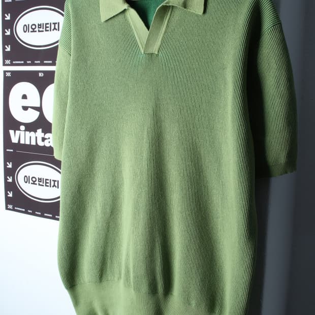 (XL-2XL) 르마드 반팔 카라 티셔츠 브이넥 니트 연그린-H32754
