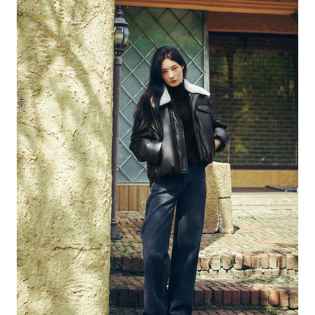 온앤온 정채연 퍼카라 레더 구스다운 블랙