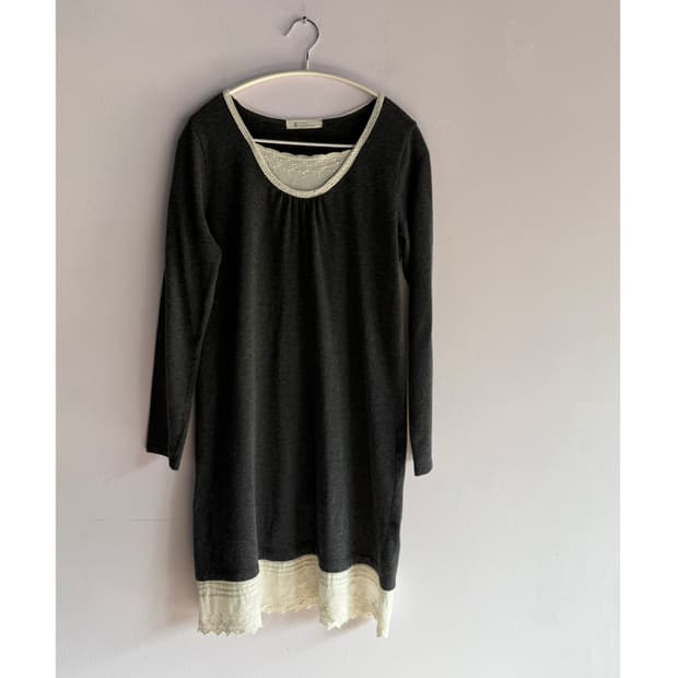 일본빈티지 차콜 레이스 롱슬리브 , 원피스, 코튼원피스