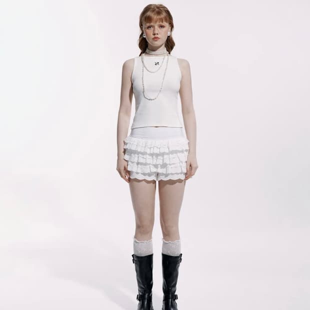 러프넥 레이스 튜튜 팬츠 스커트 화이트