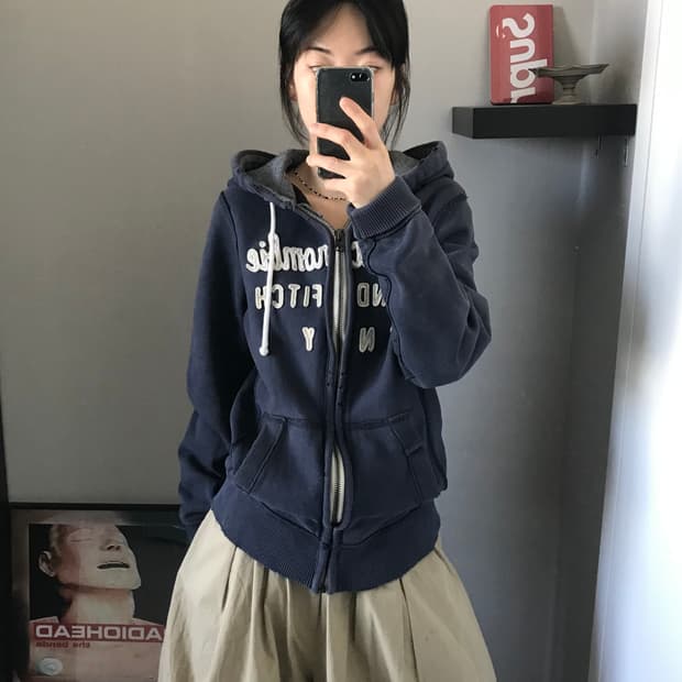 아베크롬비 자수 로고 네이비 헤비 써멀 후드집업