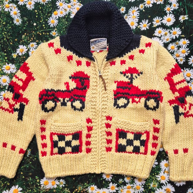 black power 일본 코위찬 옛날 자동차 패턴 니트 자켓 L