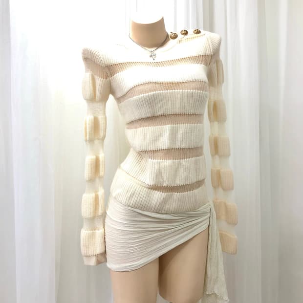 beige sheer gold button knit