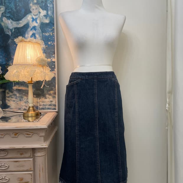pink stitch lace trim lining denim skirt