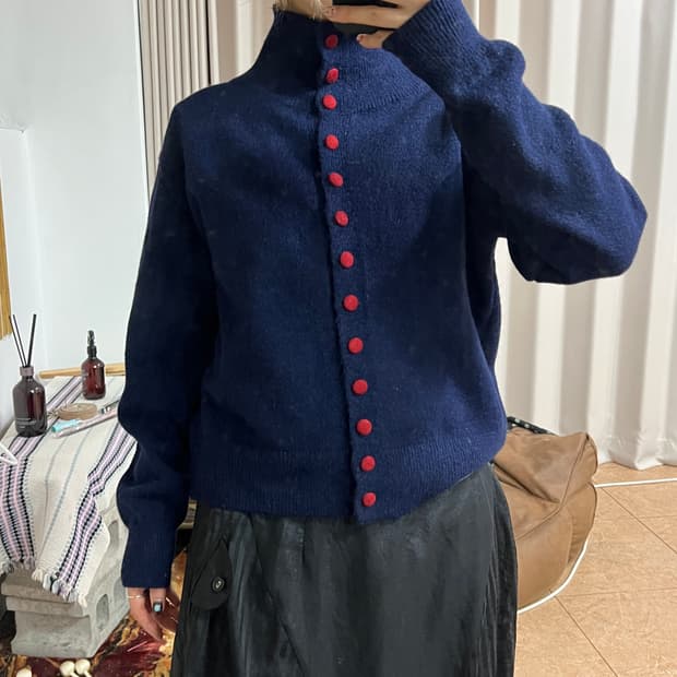 빈티지 하이넥 네이비 니트 가디건 