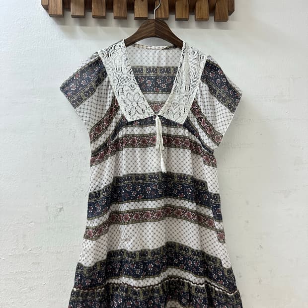 일본빈티지 레이스 세일러 카라 플로럴 보더 패턴 튜닉 블라우스 원피스