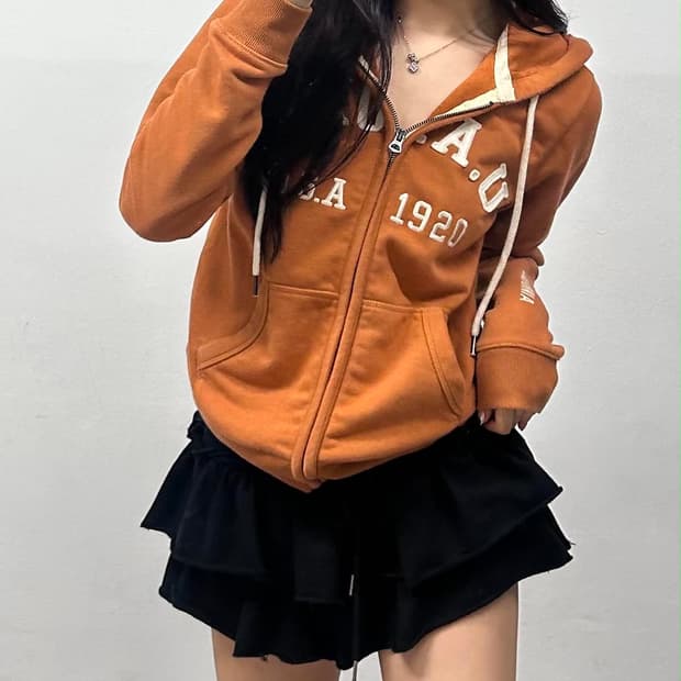 후아유 y2k 카멜베이지 러블리힙 스웻 후드집업 희귀져지(M)