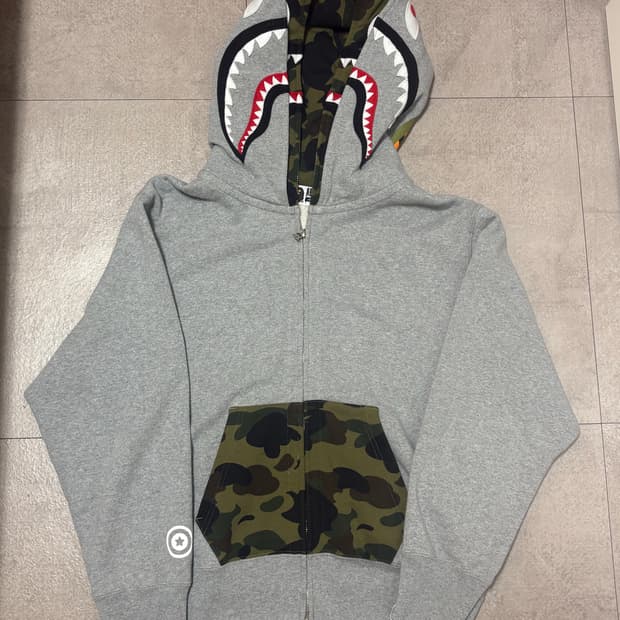 BAPE 베이프 퍼스트 카모 샤크 풀 집 더블 후드 그레이