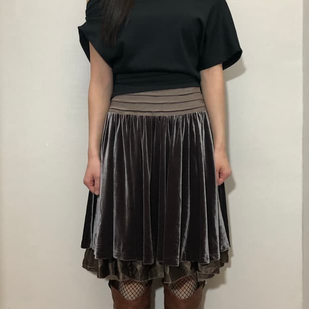 빈티지 그레이 벨벳 미디 스커트