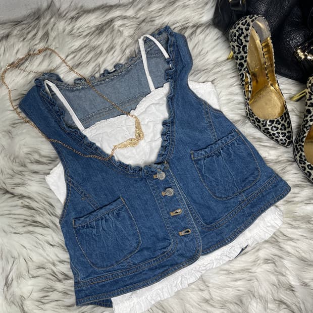 러블리 데님 프릴 베스트 펀칭 나시 세트 (2pcs)