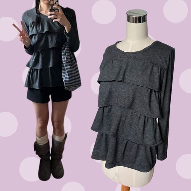 빈티지 차콜그레이 러플 캉캉 롱슬리브