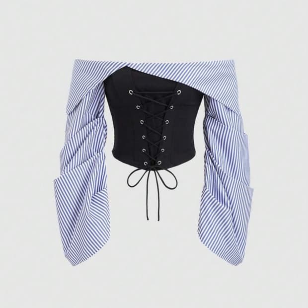 제니st) 레이스업 오프숄더 탑 - 블루 스트라이프