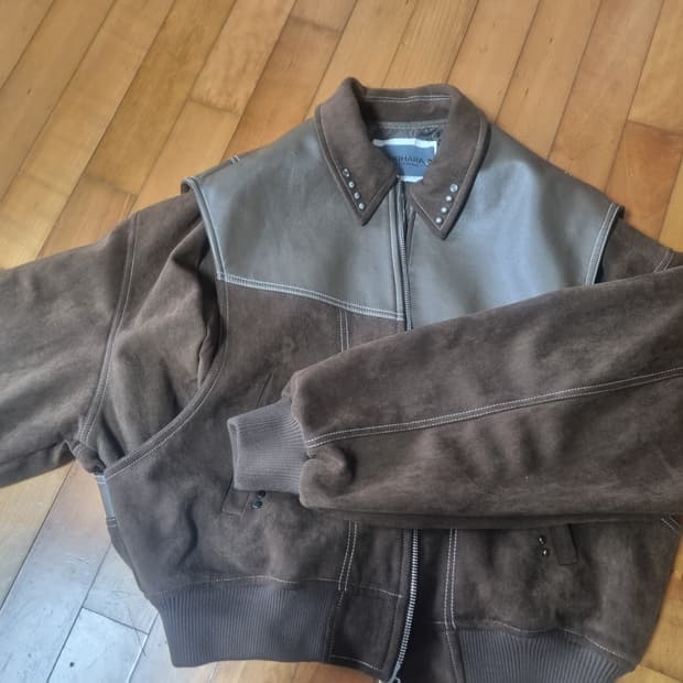 가키하라 브라운 레더 스웨이드 자켓