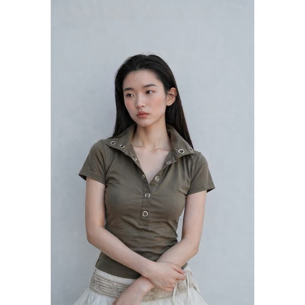 카키 카라 버튼 셔츠 