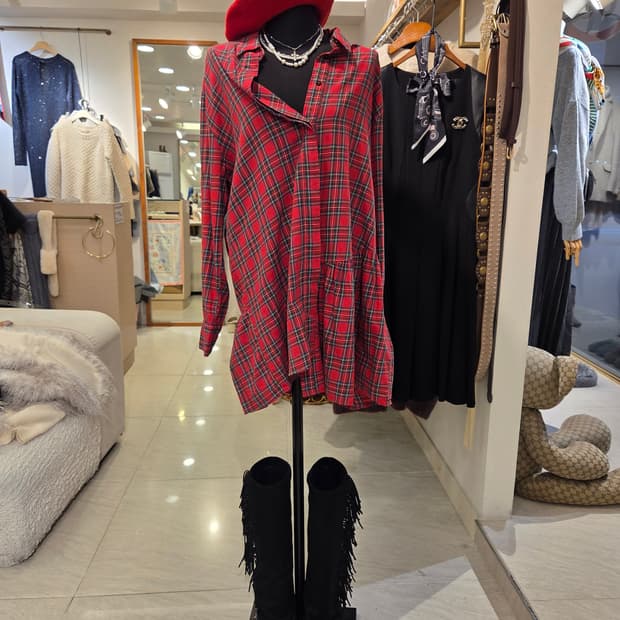 자라 체크 셔링 언발란스 셔츠겸 원피스