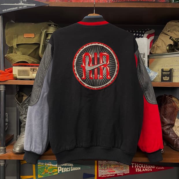 90s 나이키 에어 울 바시티 레더 암 후면 빅 스우시 자켓