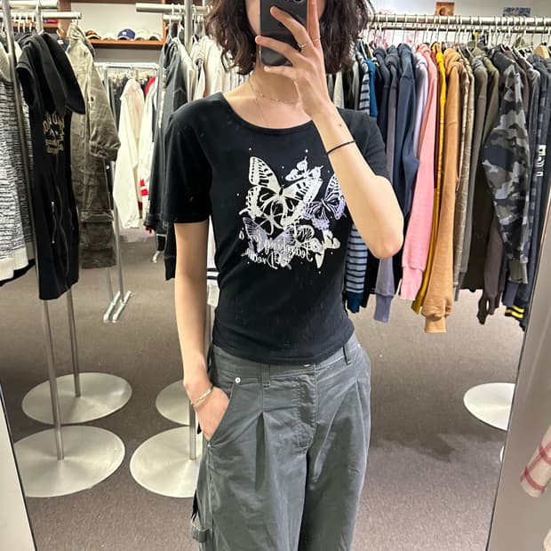 M)Japanese vintage 여성 나비 프린팅 큐빅 반팔