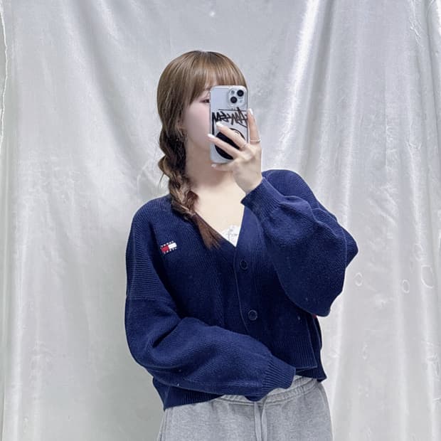 타미힐피거 네이비 빅로고 크롭 가디건 