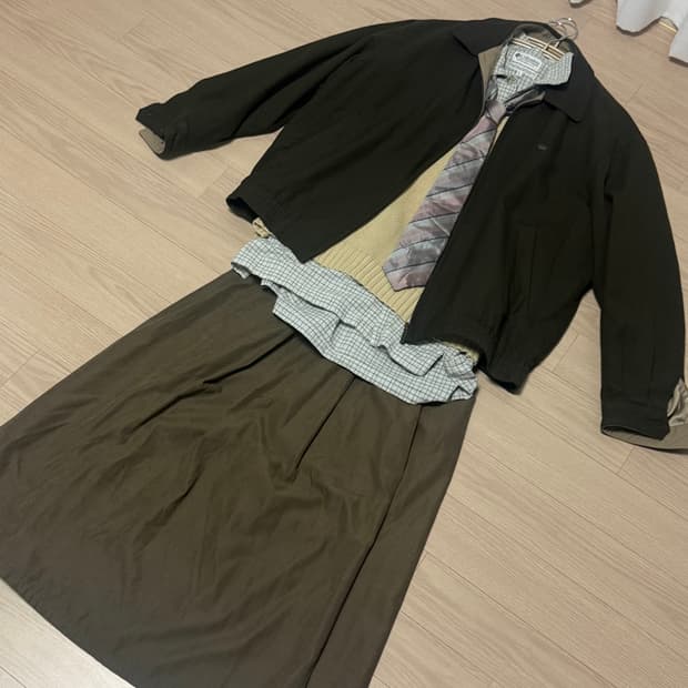 빈티지 모리걸 교복 코디 세트 넥타이 라코스테 반팔 셔츠 스커트