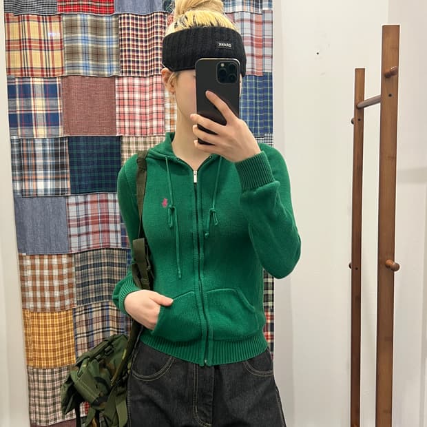 폴로 그린 니트 후드집업