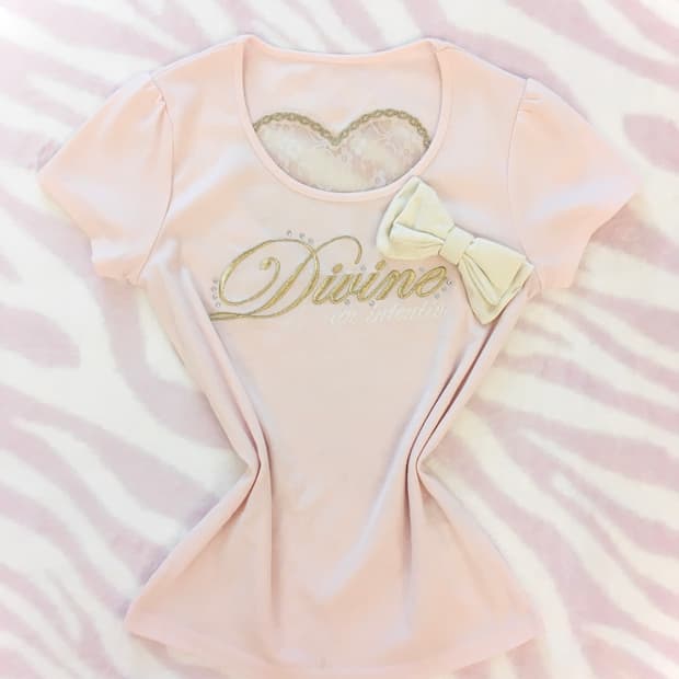 베이비핑크 빅리본 골드 레터링 탑 반팔티셔츠 히메갸루