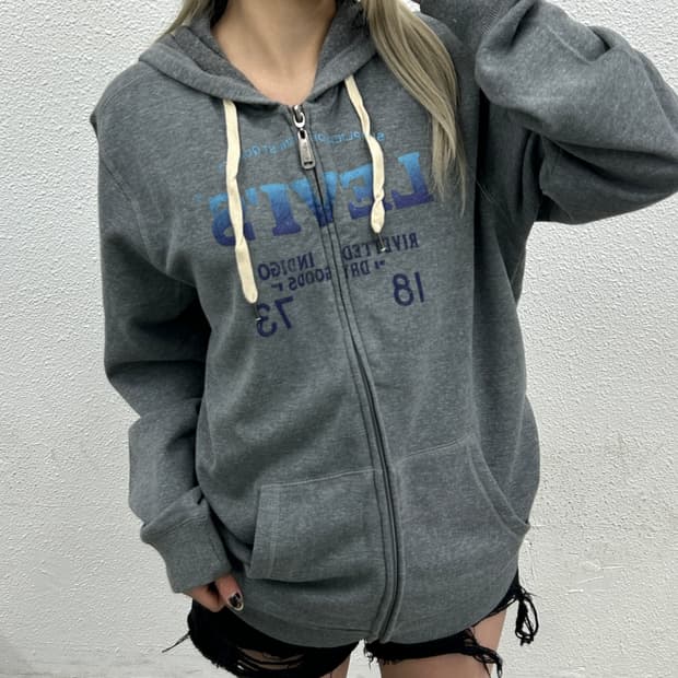 리바이스 프린팅로고 그레이 후드집업 L